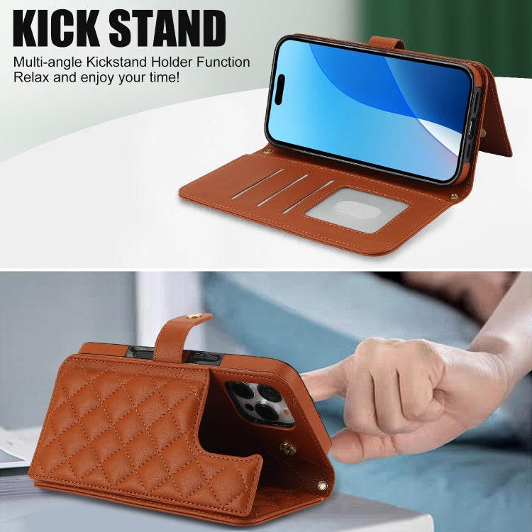 For iPhone 16 Pro Crossbody Multifunction Rhombic Leather Phone Case(Brown) - More iPhone Cases by buy2fix | Online Shopping UK | buy2fix