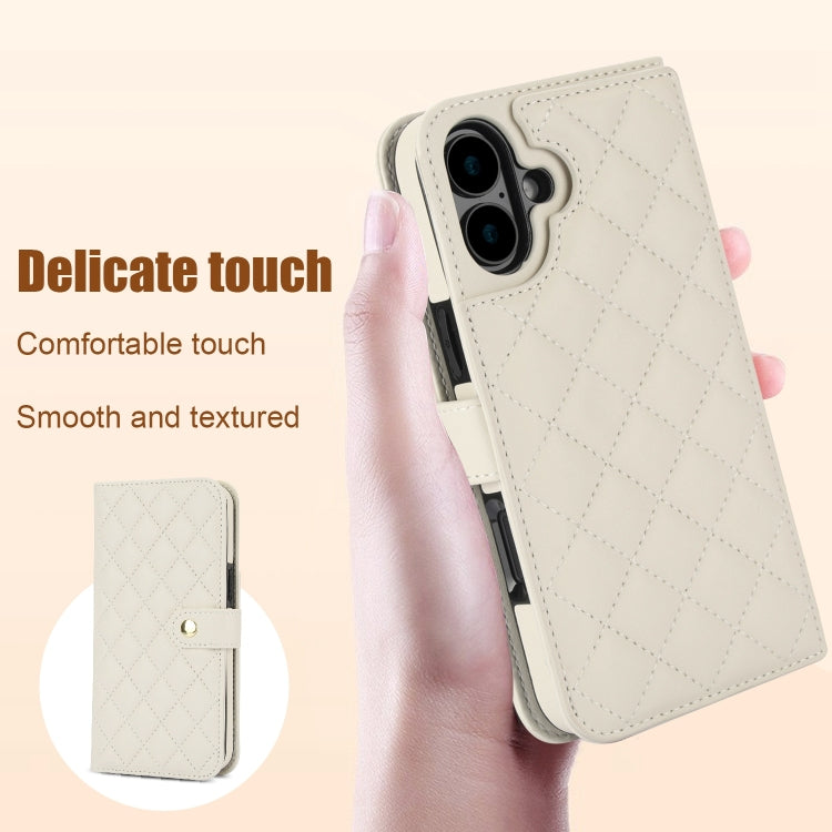 For iPhone 16 Plus Crossbody Multifunction Rhombic Leather Phone Case(White) - iPhone 16 Plus Cases by buy2fix | Online Shopping UK | buy2fix