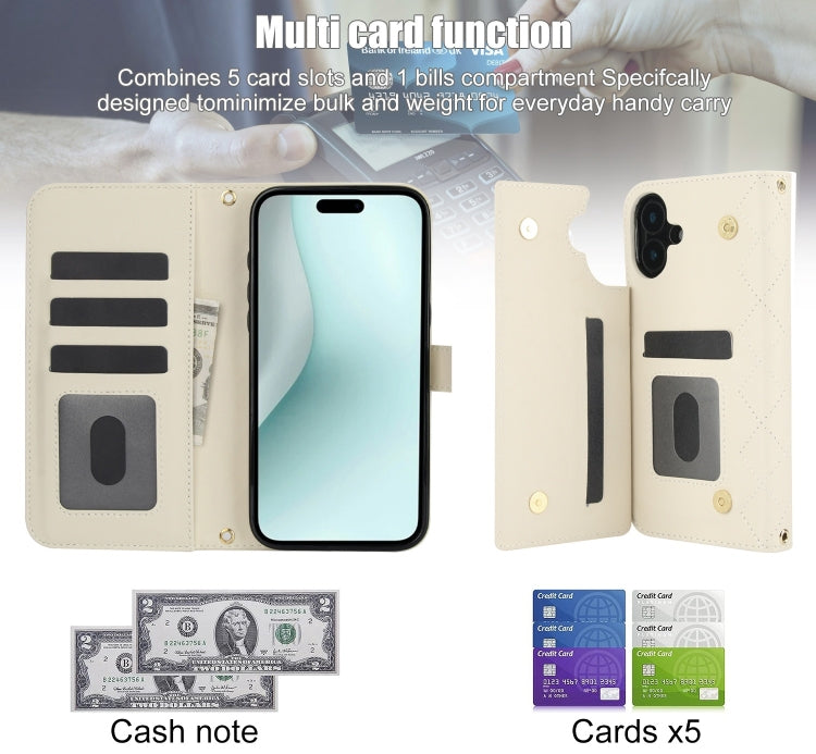 For iPhone 16 Plus Crossbody Multifunction Rhombic Leather Phone Case(White) - iPhone 16 Plus Cases by buy2fix | Online Shopping UK | buy2fix