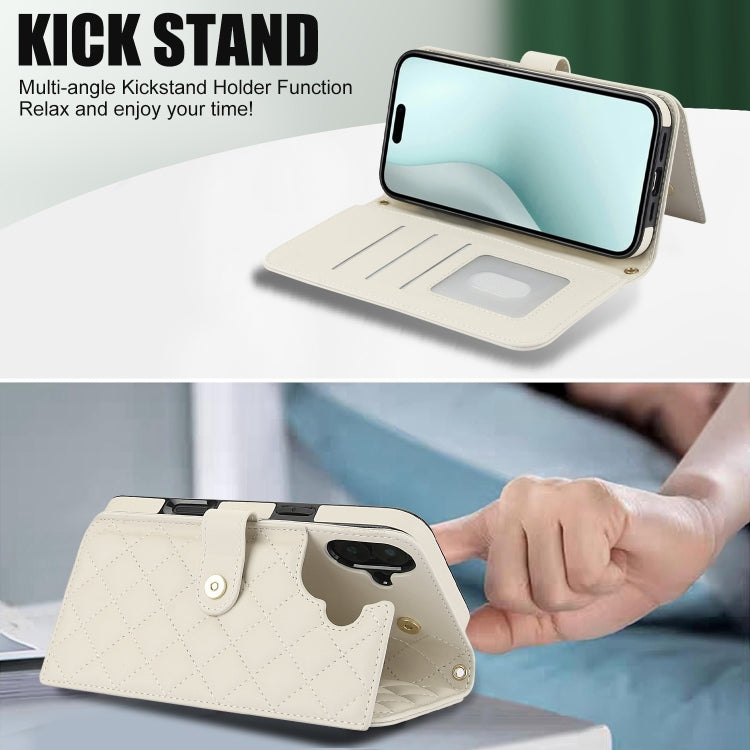 For iPhone 16 Plus Crossbody Multifunction Rhombic Leather Phone Case(White) - iPhone 16 Plus Cases by buy2fix | Online Shopping UK | buy2fix