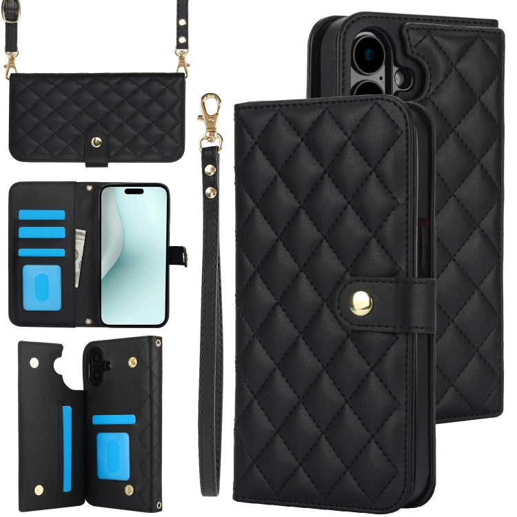 For iPhone 16 Plus Crossbody Multifunction Rhombic Leather Phone Case(Black) - iPhone 16 Plus Cases by buy2fix | Online Shopping UK | buy2fix
