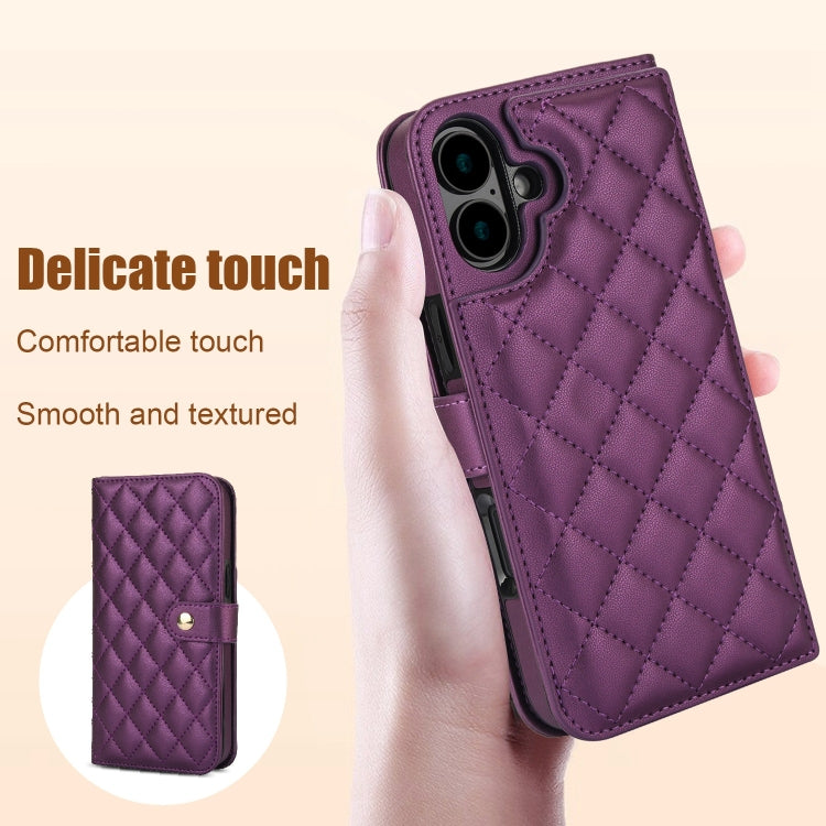 For iPhone 16 Plus Crossbody Multifunction Rhombic Leather Phone Case(Dark Purple) - iPhone 16 Plus Cases by buy2fix | Online Shopping UK | buy2fix