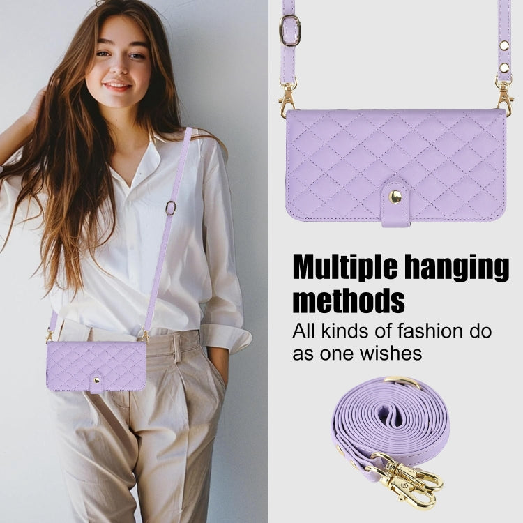 For iPhone 16 Plus Crossbody Multifunction Rhombic Leather Phone Case(Purple) - iPhone 16 Plus Cases by buy2fix | Online Shopping UK | buy2fix