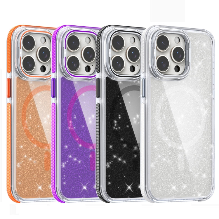 For iPhone 16 Pro Two-color Glitter Powder Lens Holder Magsafe Phone Case(Orange) - iPhone 16 Pro Cases by buy2fix | Online Shopping UK | buy2fix