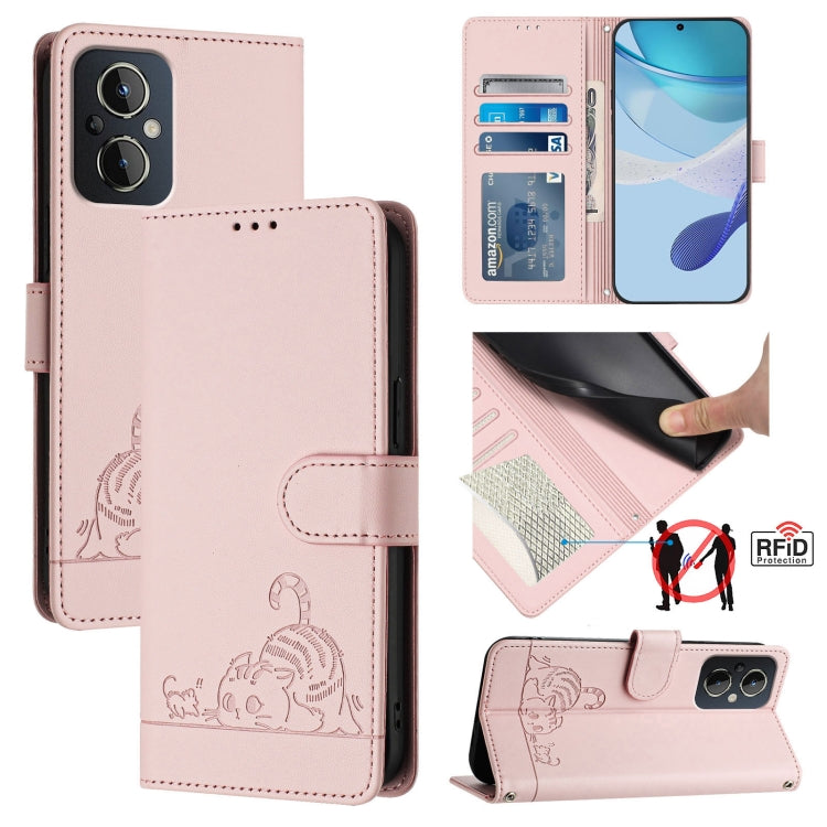 For OnePlus Nord N20 5G Cat Rat Embossed Pattern RFID Leather Phone Case with Lanyard(Pink) - OnePlus Cases by buy2fix | Online Shopping UK | buy2fix
