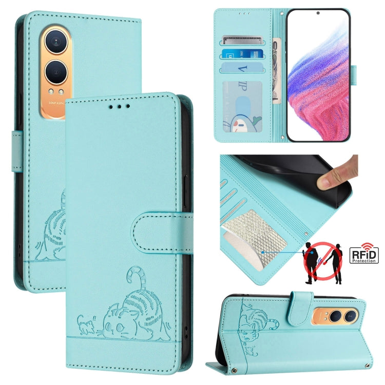 For OnePlus Nord CE4 Lite Cat Rat Embossed Pattern RFID Leather Phone Case with Lanyard(Mint Green) - Nord CE4 Lite Cases by buy2fix | Online Shopping UK | buy2fix