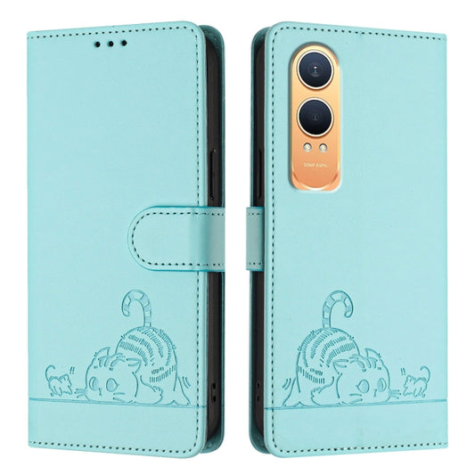 For OnePlus Nord CE4 Lite Cat Rat Embossed Pattern RFID Leather Phone Case with Lanyard(Mint Green) by buy2fix