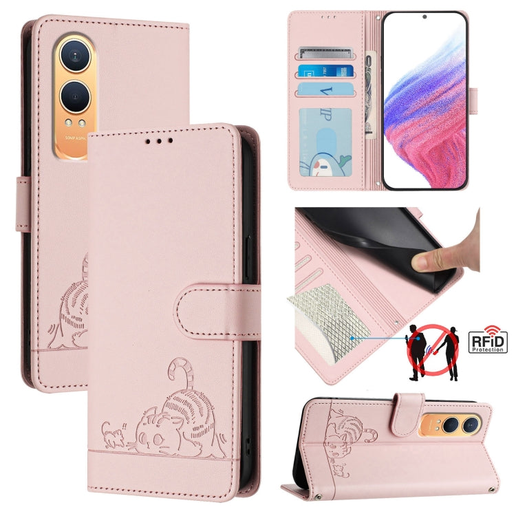 For OnePlus Nord CE4 Lite Cat Rat Embossed Pattern RFID Leather Phone Case with Lanyard(Pink) - Nord CE4 Lite Cases by buy2fix | Online Shopping UK | buy2fix