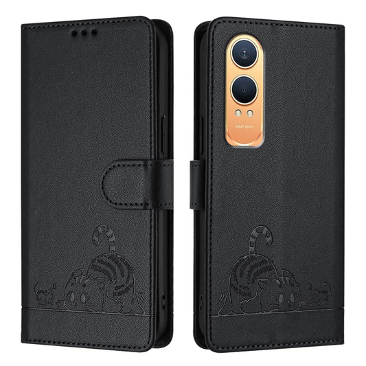 For OnePlus Nord CE4 Lite Cat Rat Embossed Pattern RFID Leather Phone Case with Lanyard(Black) by buy2fix