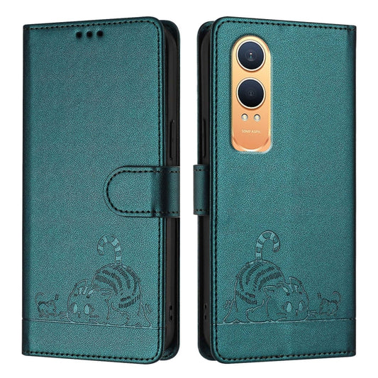 For OnePlus Nord CE4 Lite Cat Rat Embossed Pattern RFID Leather Phone Case with Lanyard(Peacock Green) by buy2fix