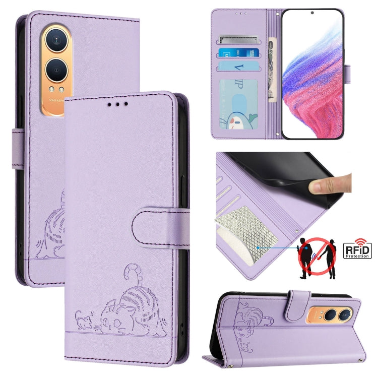 For OnePlus Nord CE4 Lite Cat Rat Embossed Pattern RFID Leather Phone Case with Lanyard(Purple) - Nord CE4 Lite Cases by buy2fix | Online Shopping UK | buy2fix
