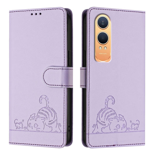 For OnePlus Nord CE4 Lite Cat Rat Embossed Pattern RFID Leather Phone Case with Lanyard(Purple) by buy2fix