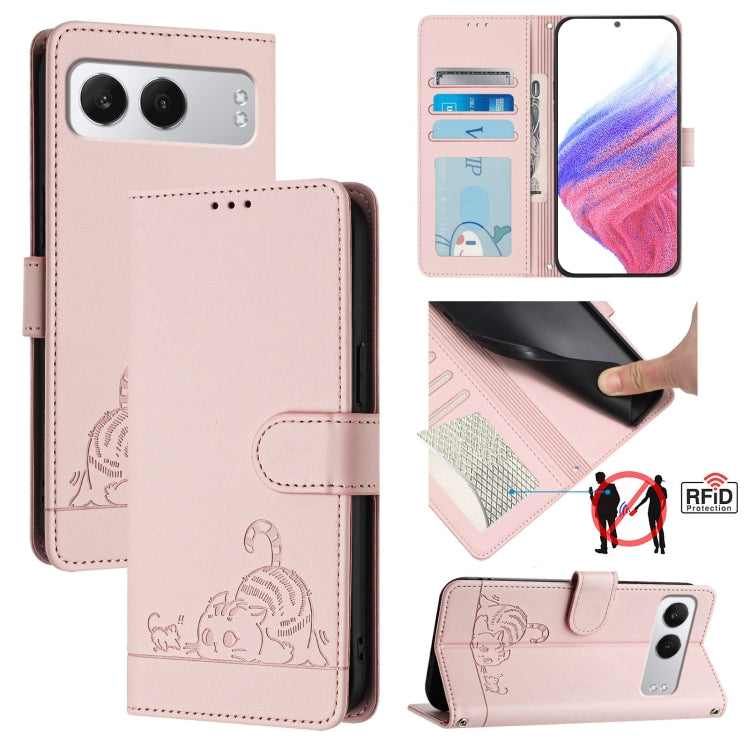 For OnePlus Nord 4 5G Cat Rat Embossed Pattern RFID Leather Phone Case with Lanyard(Pink) - Nord 4 Cases by buy2fix | Online Shopping UK | buy2fix