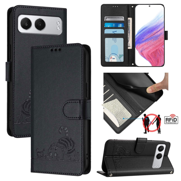 For OnePlus Nord 4 5G Cat Rat Embossed Pattern RFID Leather Phone Case with Lanyard(Black) - Nord 4 Cases by buy2fix | Online Shopping UK | buy2fix