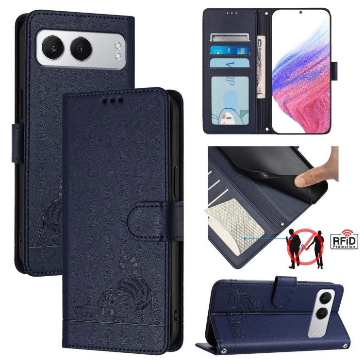 For OnePlus Nord 4 5G Cat Rat Embossed Pattern RFID Leather Phone Case with Lanyard(Blue) - Nord 4 Cases by buy2fix | Online Shopping UK | buy2fix