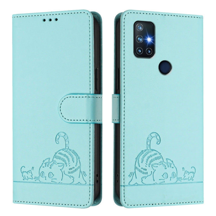 For OnePlus Nord N10 5G Cat Rat Embossed Pattern RFID Leather Phone Case with Lanyard(Mint Green) - OnePlus Cases by buy2fix | Online Shopping UK | buy2fix