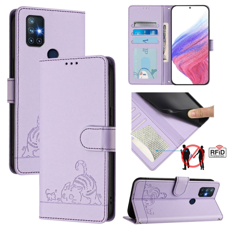 For OnePlus Nord N10 5G Cat Rat Embossed Pattern RFID Leather Phone Case with Lanyard(Purple) - OnePlus Cases by buy2fix | Online Shopping UK | buy2fix