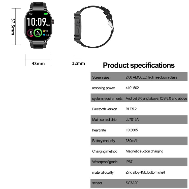 G40S 2.06 inch IP67 BT5.2 Sport Smart Watch, Support Bluetooth Call / Sleep / Blood Oxygen / Heart Rate / Blood Pressure Health Monitor(Grey) by buy2fix