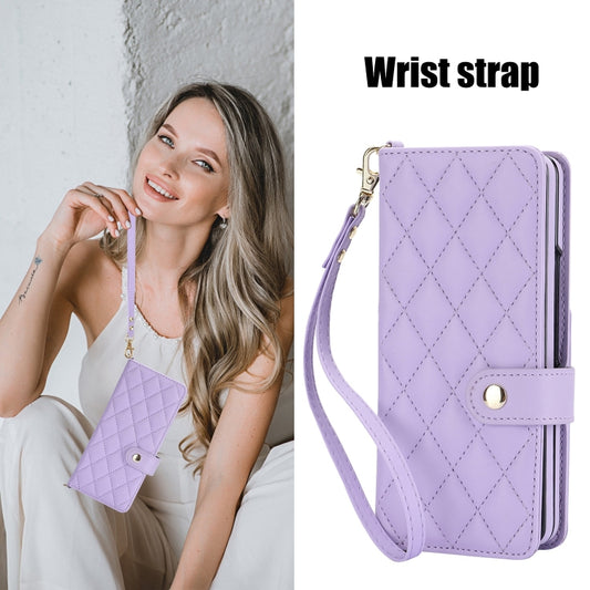 For Samsung Galaxy Z Fold3 Crossbody Multifunction Rhombic Leather Phone Case(Purple) - Galaxy Phone Cases by buy2fix | Online Shopping UK | buy2fix