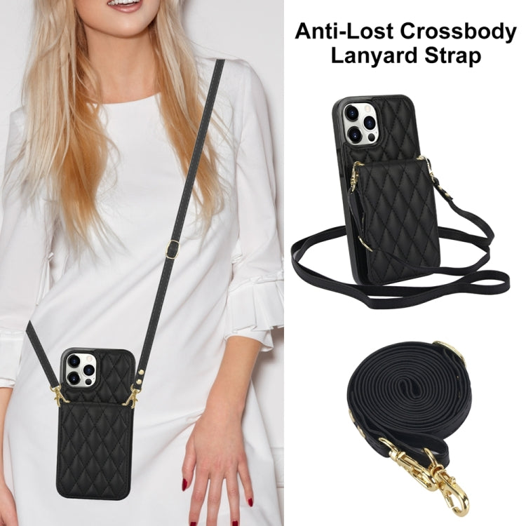 For iPhone 15 Pro YM015 Crossbody Rhombic Card Bag RFID Phone Case(Black) - iPhone 15 Pro Cases by buy2fix | Online Shopping UK | buy2fix