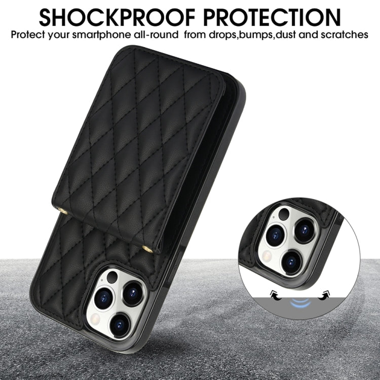 For iPhone 15 Pro YM015 Crossbody Rhombic Card Bag RFID Phone Case(Black) - iPhone 15 Pro Cases by buy2fix | Online Shopping UK | buy2fix