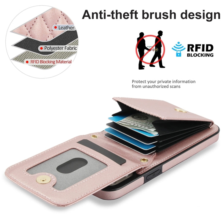 For iPhone 15 Pro YM015 Crossbody Rhombic Card Bag RFID Phone Case(Rose Gold) - iPhone 15 Pro Cases by buy2fix | Online Shopping UK | buy2fix