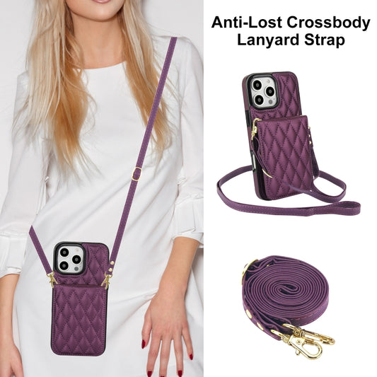 For iPhone 16 Pro YM015 Crossbody Rhombic Card Bag RFID Phone Case(Dark Purple) by buy2fix