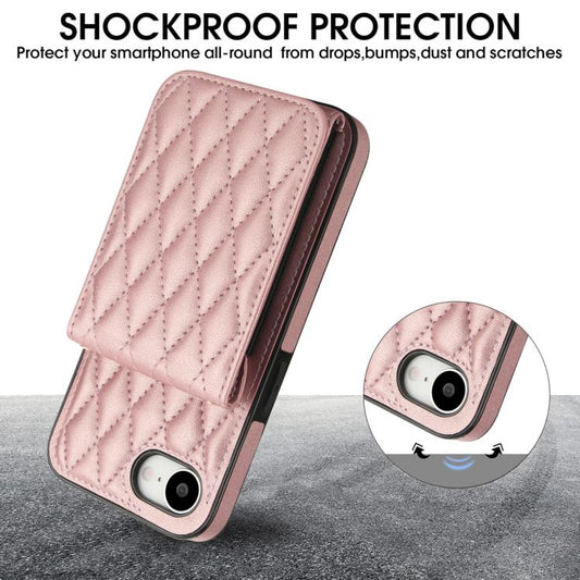 For iPhone 16e YM015 Crossbody Rhombic Card Bag RFID Phone Case(Rose Gold) - iPhone 16e Cases by buy2fix | Online Shopping UK | buy2fix