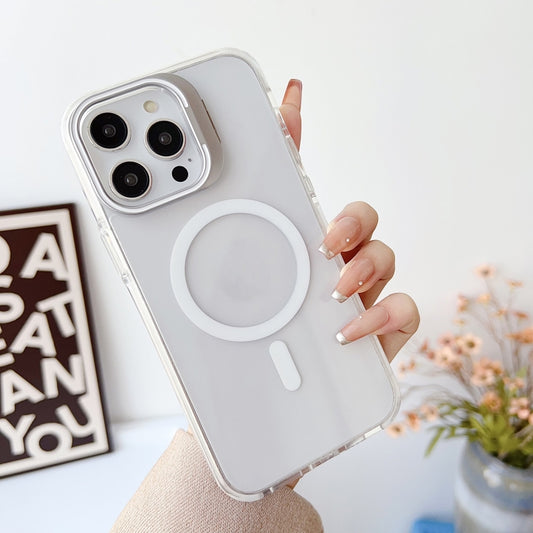 For iPhone 15 J2 High Transparent MagSafe Magnetic Frame Holder Phone Case(White) - iPhone 15 Cases by buy2fix | Online Shopping UK | buy2fix
