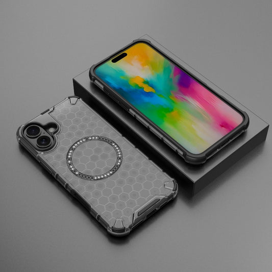 For iPhone 16 Plus Honeycomb Magnetic Ring Shockproof Phone Case(Black) by buy2fix