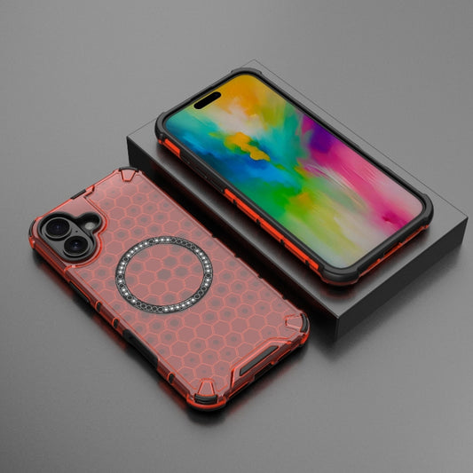 For iPhone 16 Plus Honeycomb Magnetic Ring Shockproof Phone Case(Red) by buy2fix