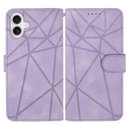 For iPhone 16 Plus Skin Feel Geometric Lines Leather Phone Case(Purple) by buy2fix
