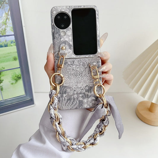 For OPPO Find N3 Flip Embroidery Style DIY Full Coverage Phone Case with Scarf / Bracelet(Grey) by buy2fix
