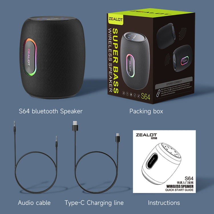 Zealot S64 Shocking Sound Super Subwoofer Bluetooth Speaker with RGB Light(Black) by ZEALOT