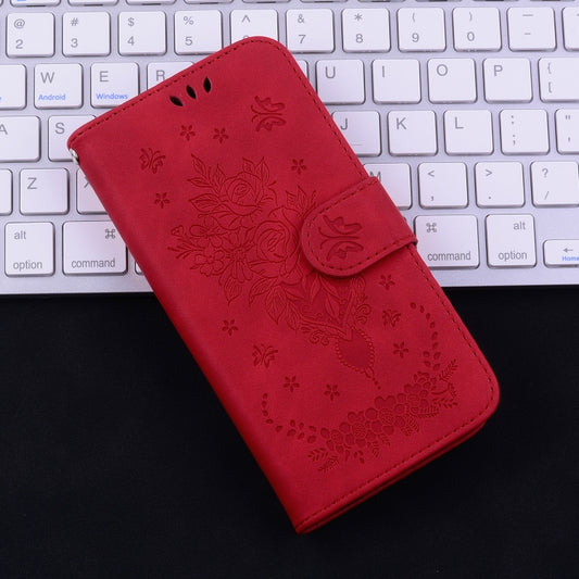 For iPhone 16e Butterfly Rose Embossed Leather Phone Case(Red) by buy2fix