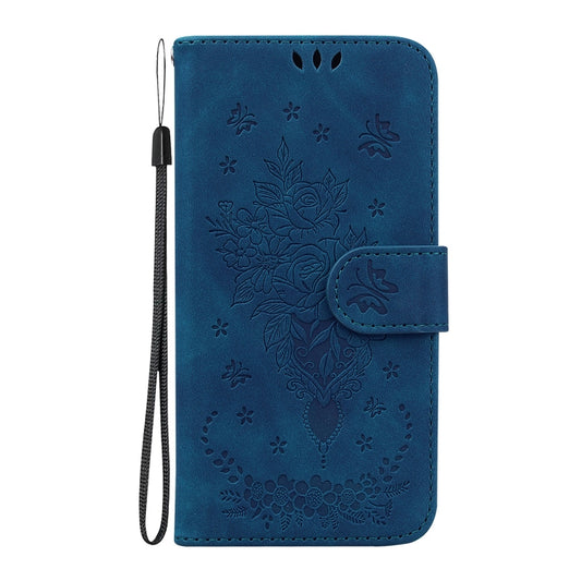 For iPhone 16 Plus Butterfly Rose Embossed Leather Phone Case(Blue) by buy2fix