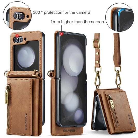 For Samsung Galaxy Z Flip5 5G DG.MING M5 Series Zip RFID Multi Card Detachable Leather Phone Case with Long Lanyard(Brown) by DG.MING