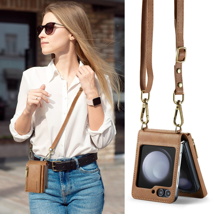For Samsung Galaxy Z Flip5 5G DG.MING M5 Series Zip RFID Multi Card Detachable Leather Phone Case with Long Lanyard(Brown) by DG.MING
