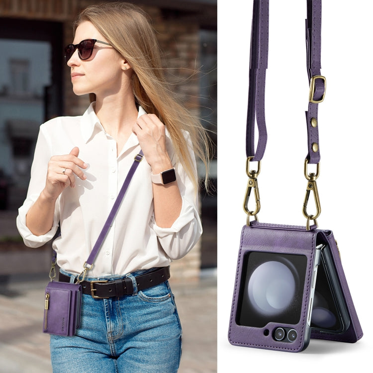 For Samsung Galaxy Z Flip5 5G DG.MING M5 Series Zip RFID Multi Card Detachable Leather Phone Case with Long Lanyard(Purple) by DG.MING