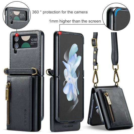 For Samsung Galaxy Z Flip4 5G DG.MING M5 Series Zip RFID Multi Card Detachable Leather Phone Case with Long Lanyard(Black) by DG.MING