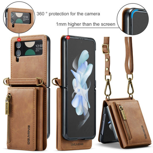 For Samsung Galaxy Z Flip3 5G DG.MING M5 Series Zip RFID Multi Card Detachable Leather Phone Case with Long Lanyard(Brown) by DG.MING