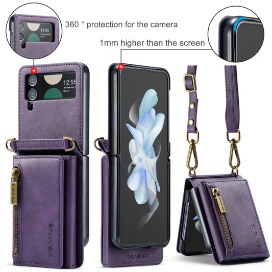 For Samsung Galaxy Z Flip3 5G DG.MING M5 Series Zip RFID Multi Card Detachable Leather Phone Case with Long Lanyard(Purple) by DG.MING