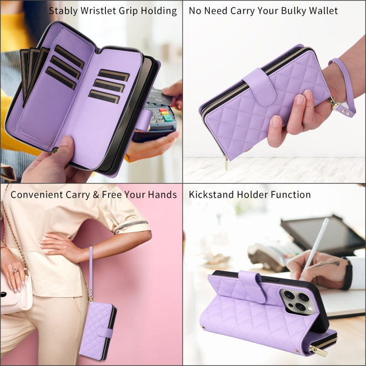 For iPhone 15 Pro Crossbody Rhombic Zipper Tower Buckle Leather Phone Case with Lanyard(Purple) - iPhone 15 Pro Cases by buy2fix | Online Shopping UK | buy2fix