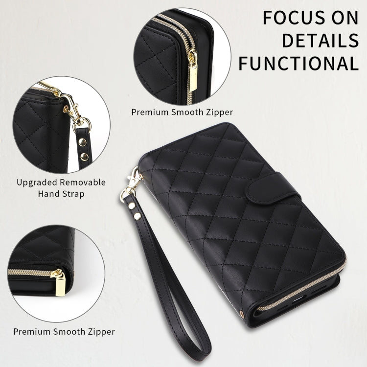 For iPhone 15 Pro Crossbody Rhombic Zipper Tower Buckle Leather Phone Case with Lanyard(Black) - iPhone 15 Pro Cases by buy2fix | Online Shopping UK | buy2fix