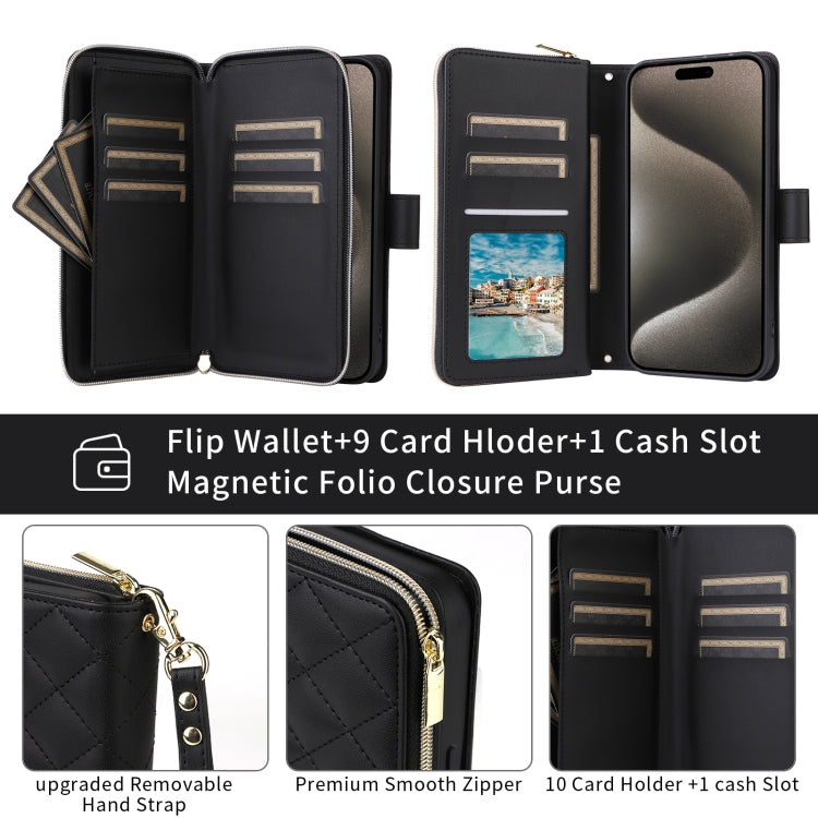 For iPhone 15 Pro Crossbody Rhombic Zipper Tower Buckle Leather Phone Case with Lanyard(Black) - iPhone 15 Pro Cases by buy2fix | Online Shopping UK | buy2fix