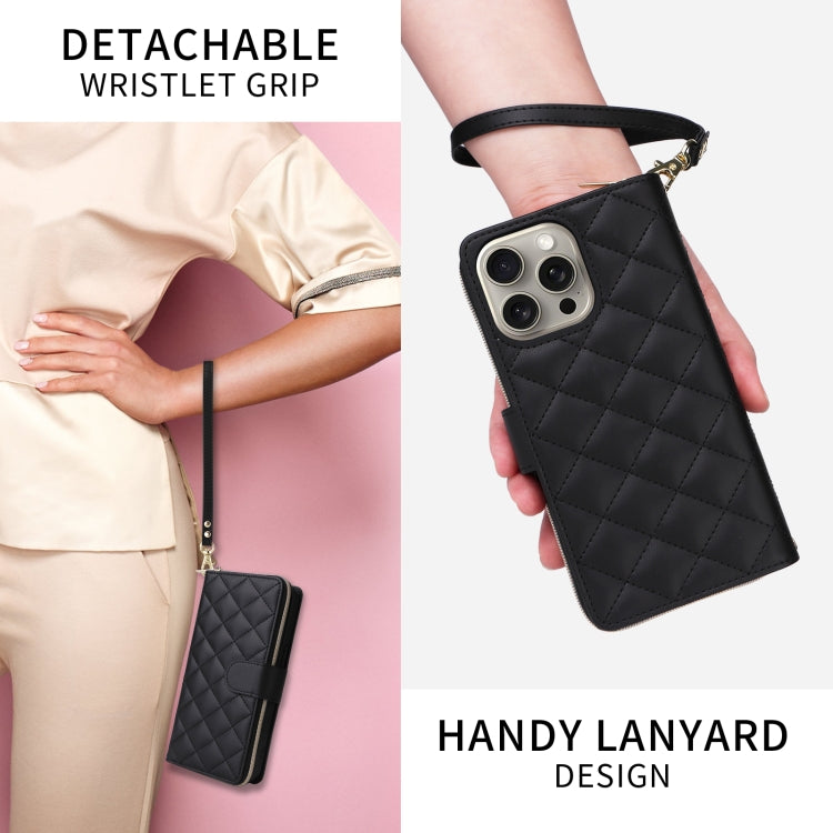 For iPhone 15 Pro Crossbody Rhombic Zipper Tower Buckle Leather Phone Case with Lanyard(Black) - iPhone 15 Pro Cases by buy2fix | Online Shopping UK | buy2fix
