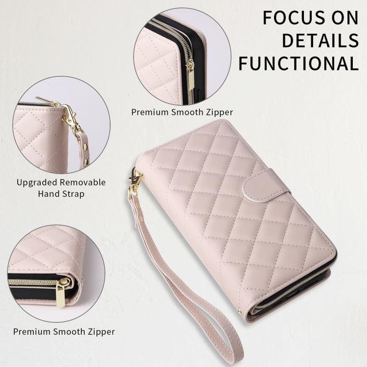 For iPhone 15 Crossbody Rhombic Zipper Tower Buckle Leather Phone Case with Lanyard(Beige) - iPhone 15 Pro Cases by buy2fix | Online Shopping UK | buy2fix