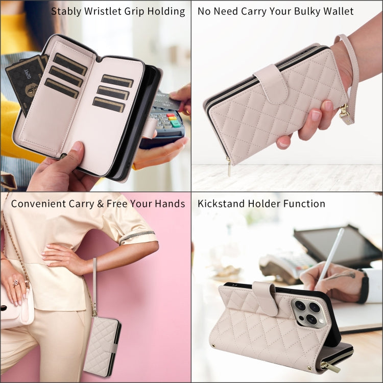 For iPhone 15 Crossbody Rhombic Zipper Tower Buckle Leather Phone Case with Lanyard(Beige) - iPhone 15 Pro Cases by buy2fix | Online Shopping UK | buy2fix