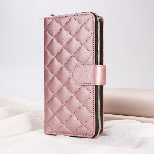 For iPhone 15 Crossbody Rhombic Zipper Tower Buckle Leather Phone Case with Lanyard(Rose Gold) - iPhone 15 Pro Cases by buy2fix | Online Shopping UK | buy2fix