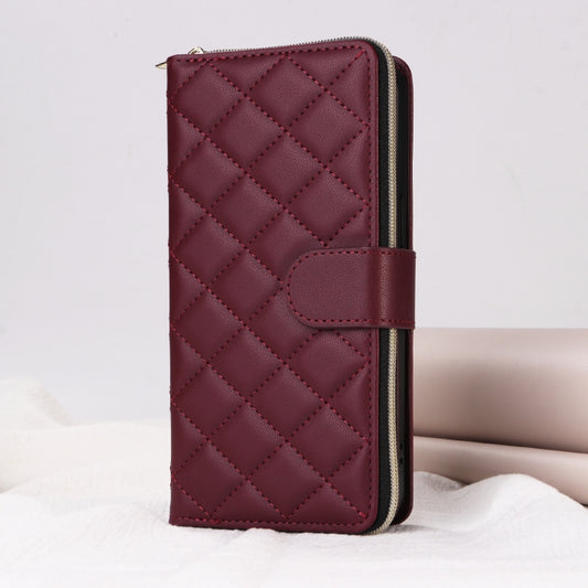 For iPhone 14 Pro Crossbody Rhombic Zipper Tower Buckle Leather Phone Case with Lanyard(Wine Red) - iPhone 14 Pro Cases by buy2fix | Online Shopping UK | buy2fix